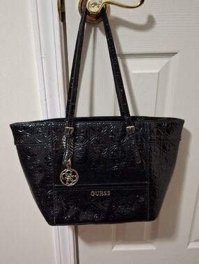 GUESS Black Patent Medallion Tote with Silver Signature Charm